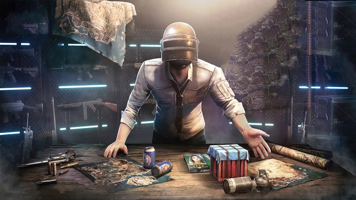 PlayerUnknown's Battlegrounds character with maps and weapons