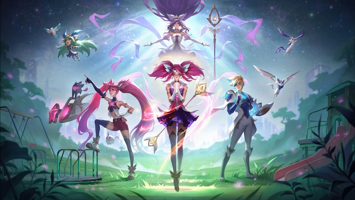 Star Guardian Lux, Jinx, Ezreal, Lulu, and Janna from League of Legends
