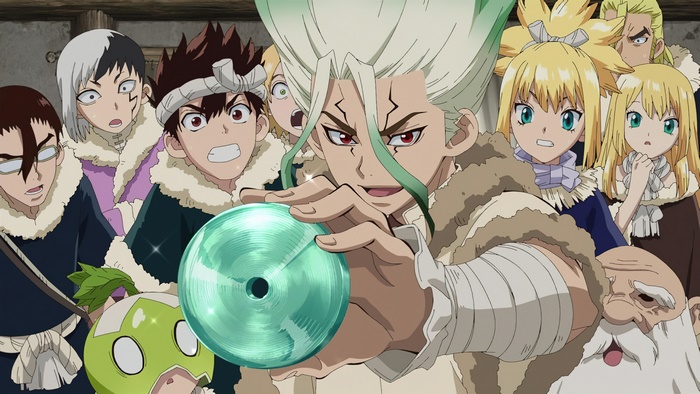 Dr. Stone characters with a metallic disc