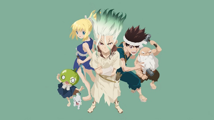 Dr. Stone characters Senku, Kohaku, Chrome, and others