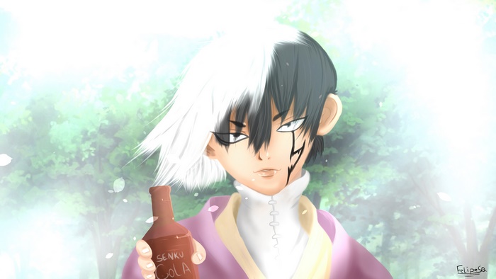 Gen Asagiri from Dr. Stone holding a bottle of Senku Cola