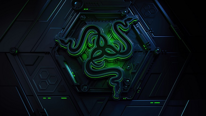 Razer logo on a dark, metallic, hexagonal background 4K