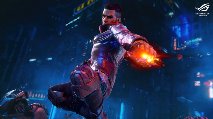 Soldier firing weapon in sci-fi city, Asus ROG 4K