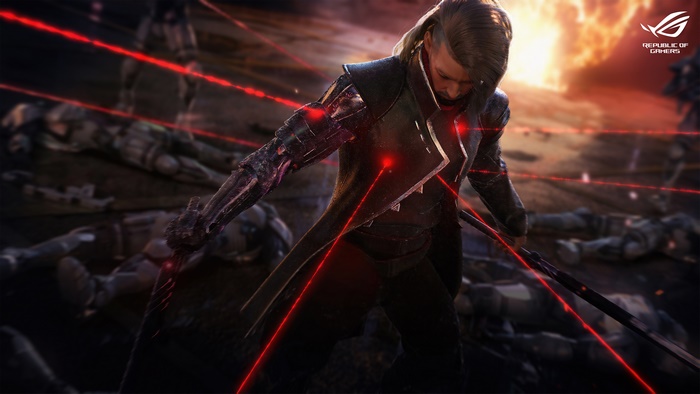 ROG warrior with laser sights and fallen soldiers