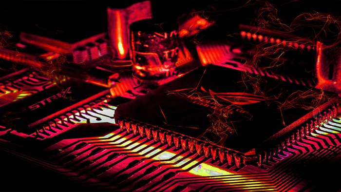 ASUS ROG Strix motherboard components with red lighting