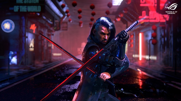 ROG logo with cyberpunk warrior holding katanas