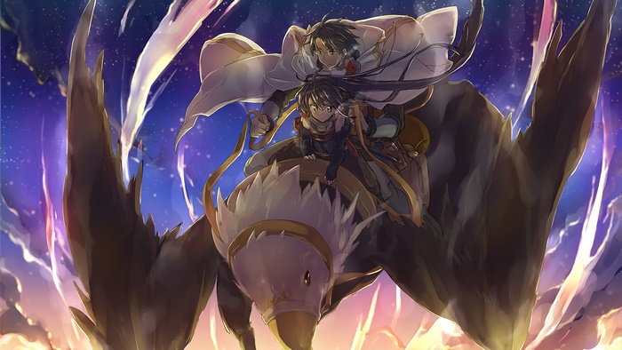 Shiroe and Akatsuki from Log Horizon riding a griffin