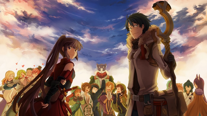 Log Horizon characters Shiroe and Akatsuki with friends