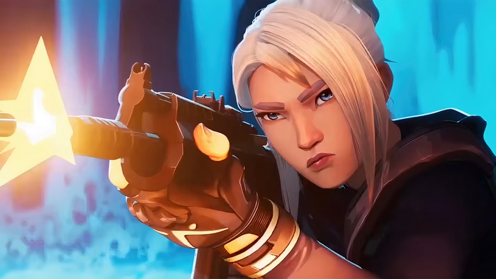 Jett from Valorant firing a gun