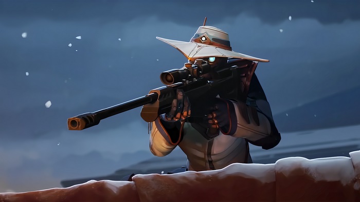 Cypher from Valorant with a sniper rifle in snow
