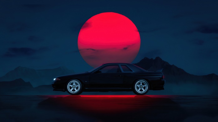 Black sports car under a red moon