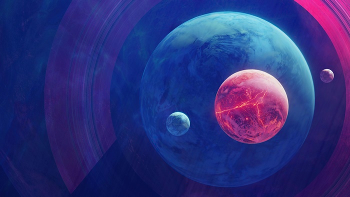 Planets and moons in space with rings
