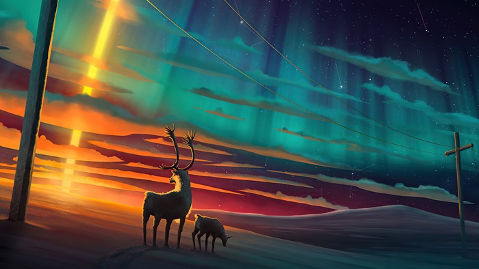 Aurora Borealis Over Night Sky with Reindeer 4K