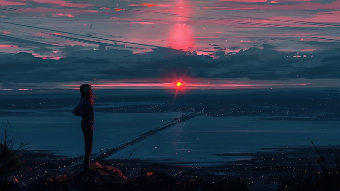Girl watching sunset over city 4K