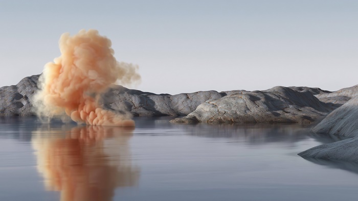 Orange smoke cloud over rocky islands in water 4K