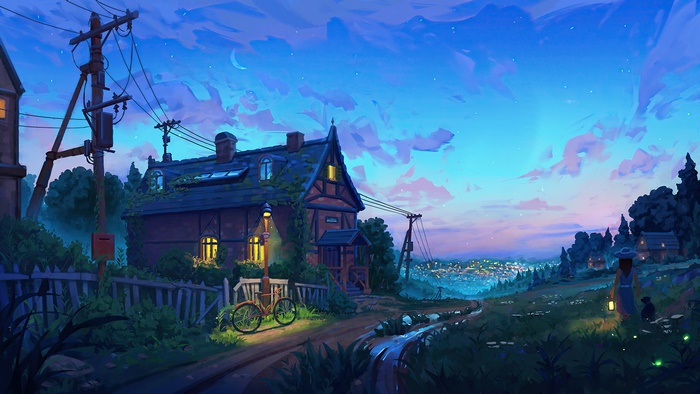 Village landscape at dusk with a crescent moon