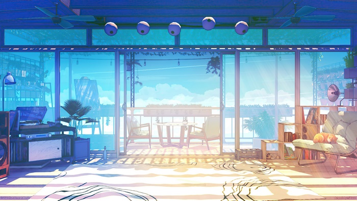 Anime room with balcony and cat