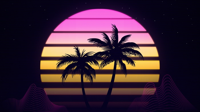 Retrowave sunset with palm trees and mountains