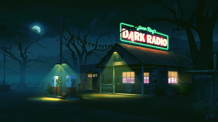 Lucas King's Dark Radio gas station at night