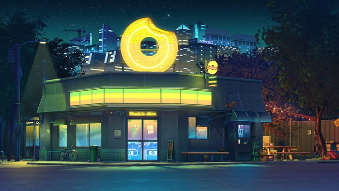 Donut Shop at Night in City 4K