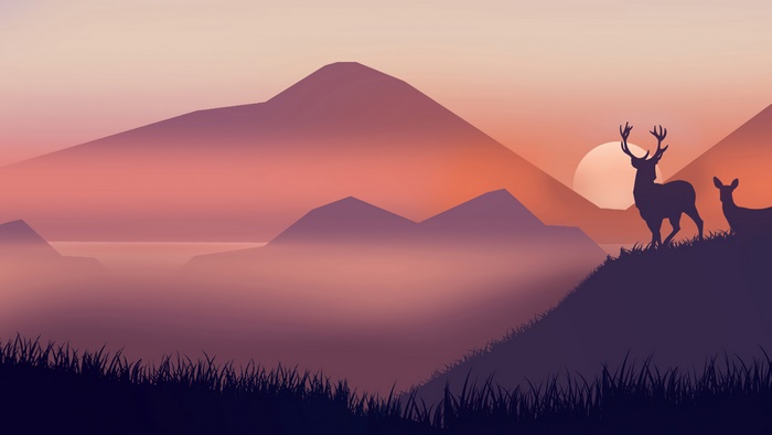 Minimalist sunrise with deer silhouettes