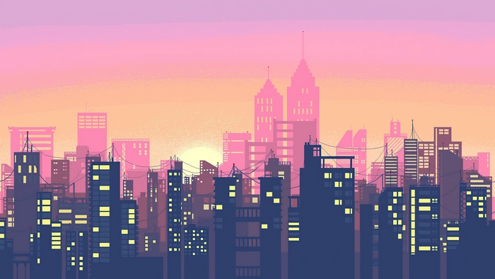 Minimalist Cityscape at Sunset in