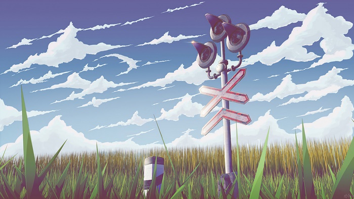 Railroad crossing in a grassland with clouds