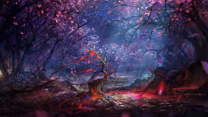 Fantasy forest with pink and purple trees 4K