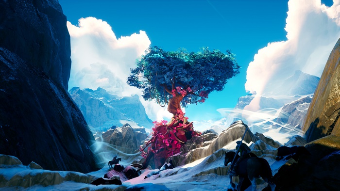 Fantasy tree with riders in snowy mountains 4K