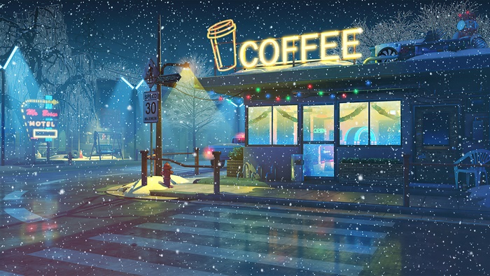 Coffee shop at night with snow and holiday lights