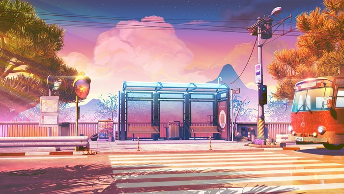 Bus stop scenery with a bus and mountains at sunset 4K