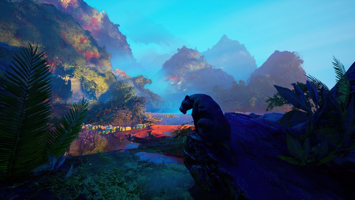 Black panther on a rock overlooking a colorful landscape