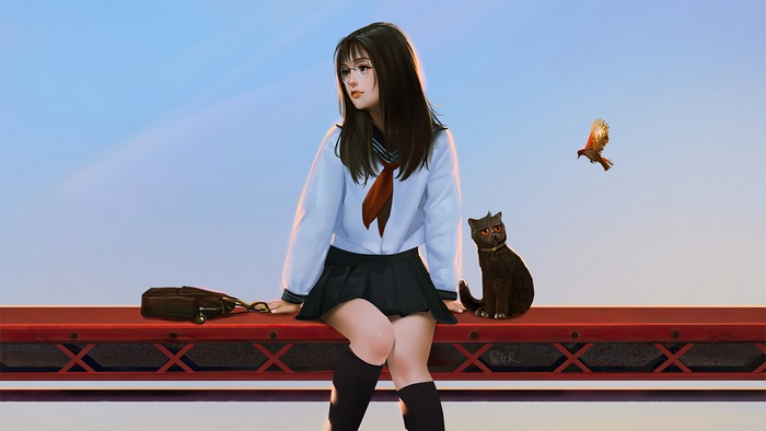 Anime School Girl Sitting With Cat in