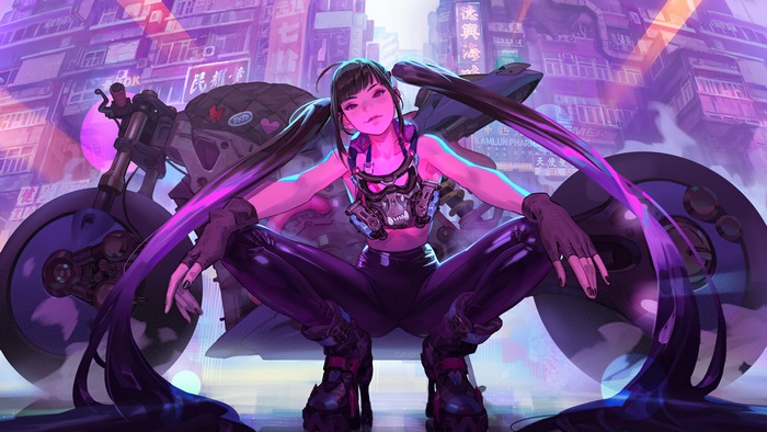 Cyberpunk Girl Posing with Futuristic Motorcycle