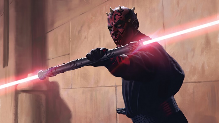Darth Maul from Star Wars wielding a double-bladed lightsaber