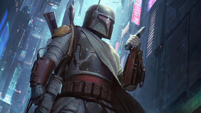 Boba Fett in a futuristic city