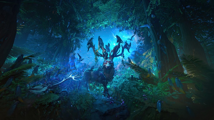 Fantasy deer with birds in a glowing forest 4K