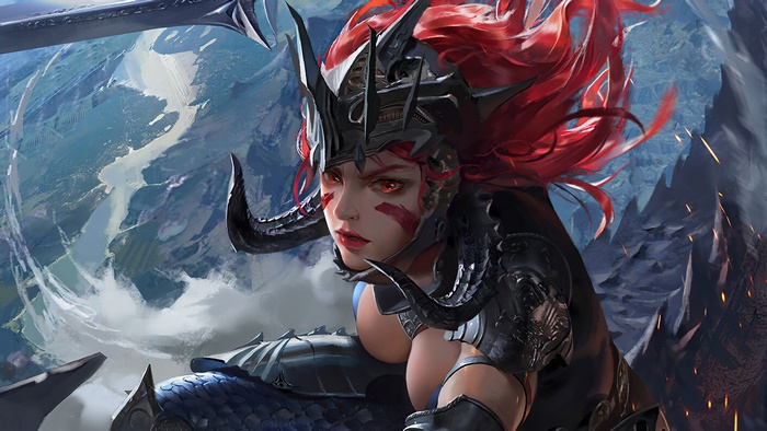 Female warrior with red hair and dragon armor