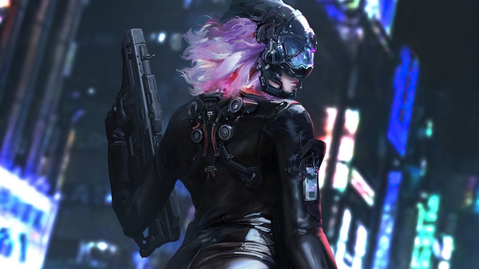 Cyberpunk girl with gun in neon city 4K