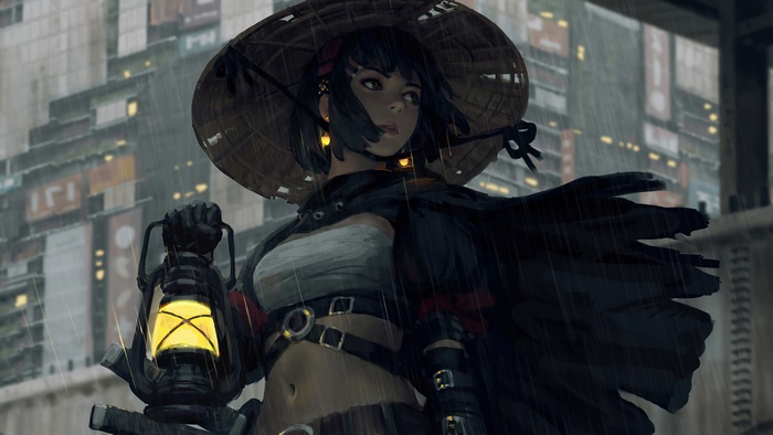 Fantasy warrior girl holding a lantern in the rain