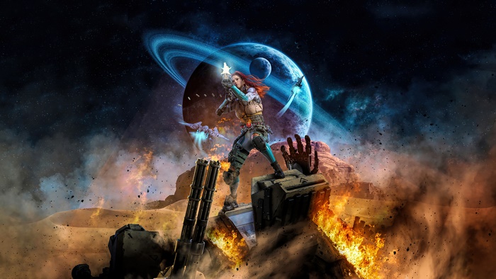 Sci-fi warrior on a desert planet with rings