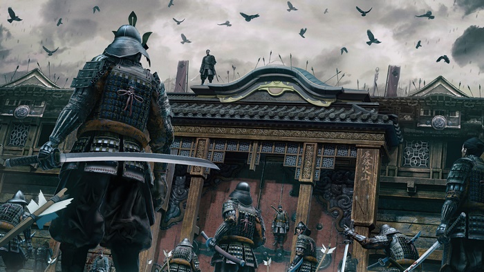 Samurai warriors in battle at a castle
