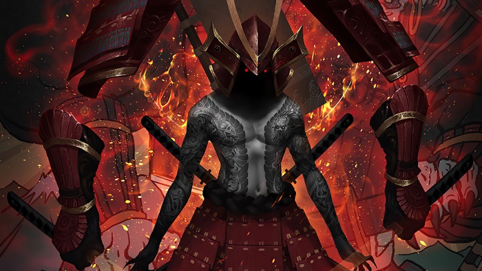 Samurai warrior with tattoos and red armor