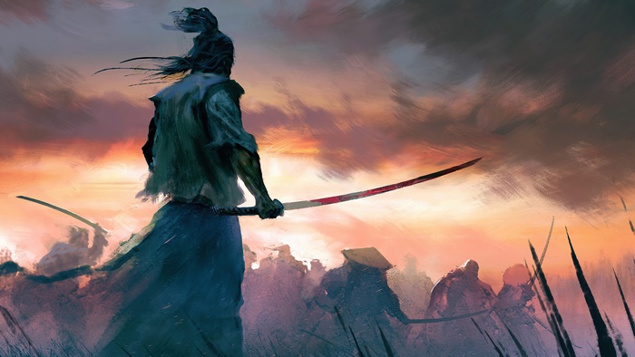 Samurai Warrior with Sword at Sunset