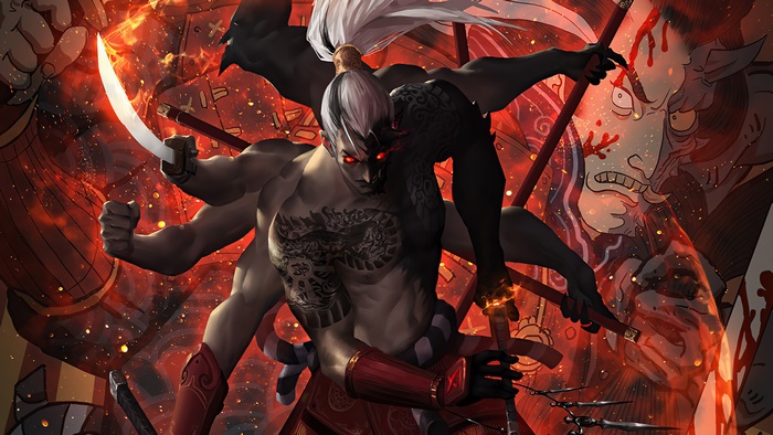 Samurai warrior with multiple arms and swords