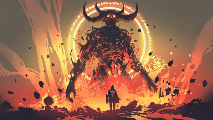 Fantasy Demon Warrior in Hellscape