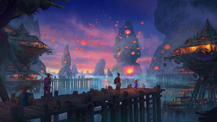 Fantasy village with sky lanterns at dusk