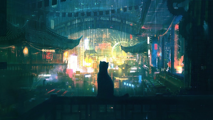 Cat Silhouette in Rainy Cyberpunk Cityscape Art 4K