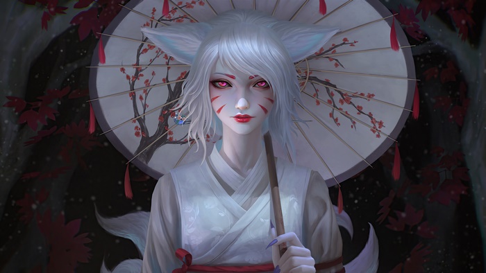 Fox girl with umbrella and red leaves