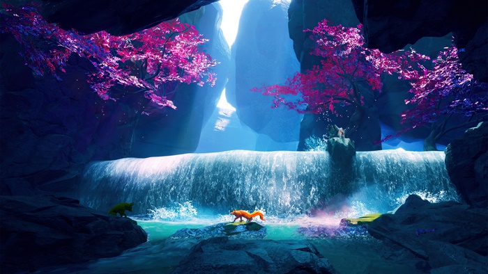 Fantasy fox and wolf by waterfall with pink trees 4K